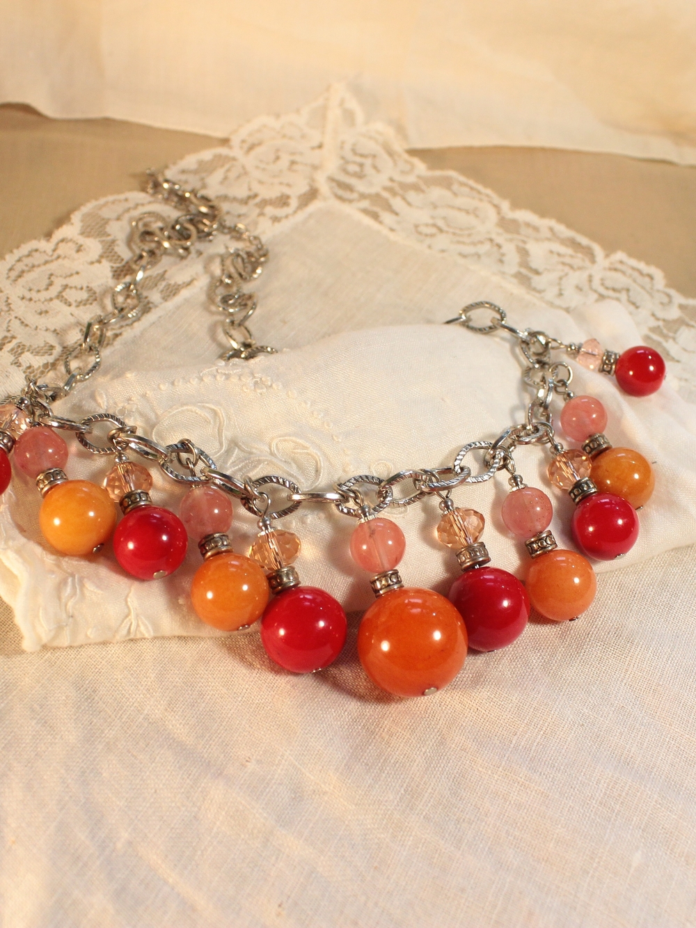 Chunky Beaded Y2K Statement Necklace Red Orange Coral Silver-Tone Chain Dangle